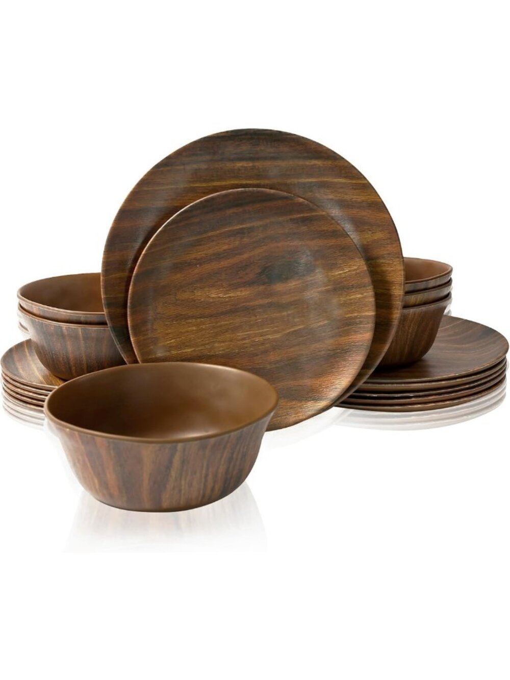 18-Piece Melamine Dinnerware Set for 6, Stylish Rosewood Grain Design, Durable